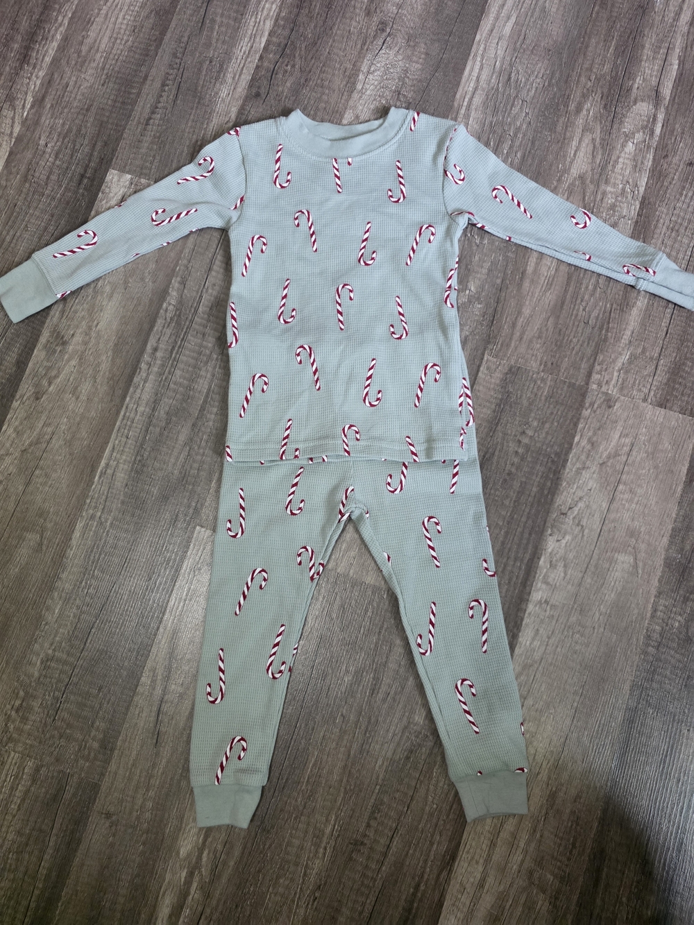 Carter's Light Mint Green Waffle Knit Pajama Set with Red Candy Cane Print